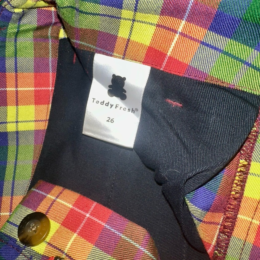 Teddy Fresh Multicolor Plaid Straight Leg Pants Rainbow Tartan Bear Charm Sz 26 - Picture 2 of 12